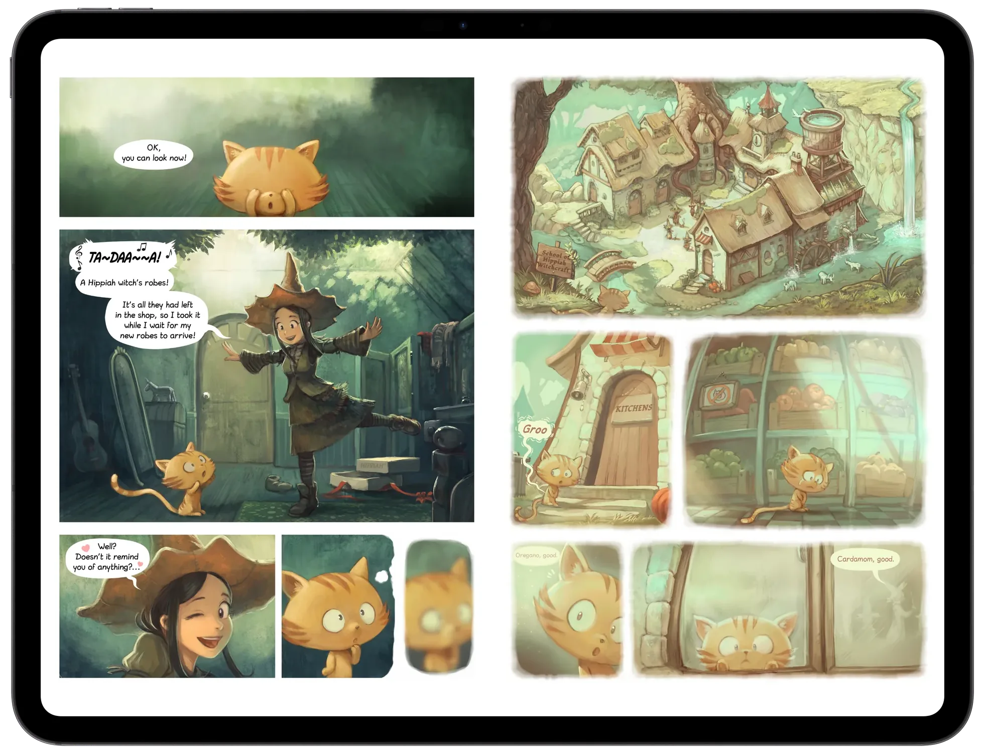 Two facing Pepper & Carrot pages in Double Page mode on a landscape iPad, with the controls hidden and a white page background