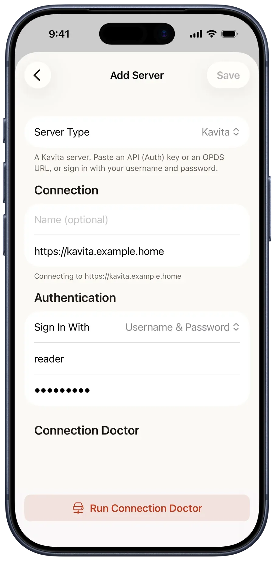 Add Server form with Kavita selected and the server address entered
