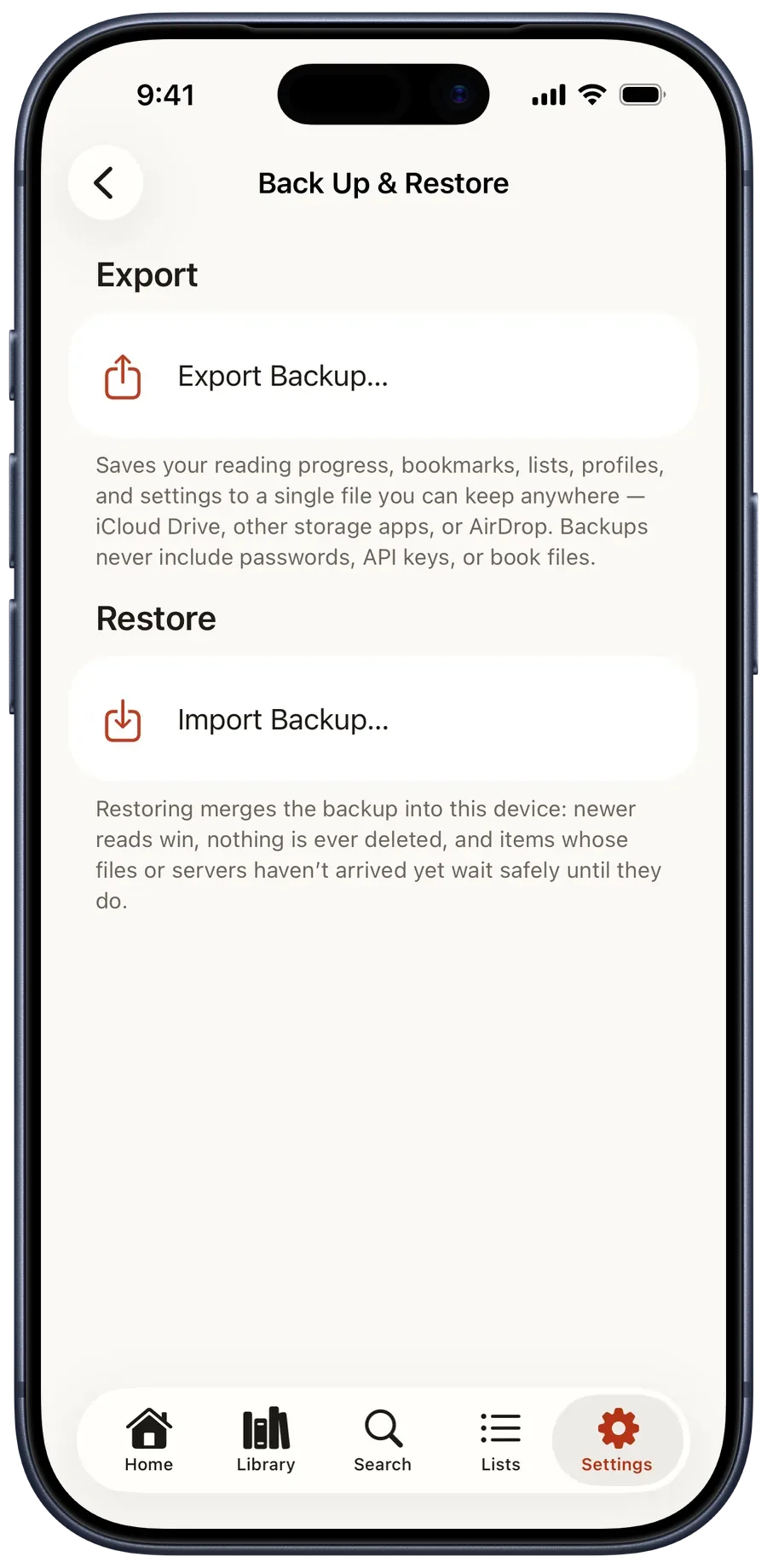 Back Up & Restore with Export Backup and Import Backup and what each one does
