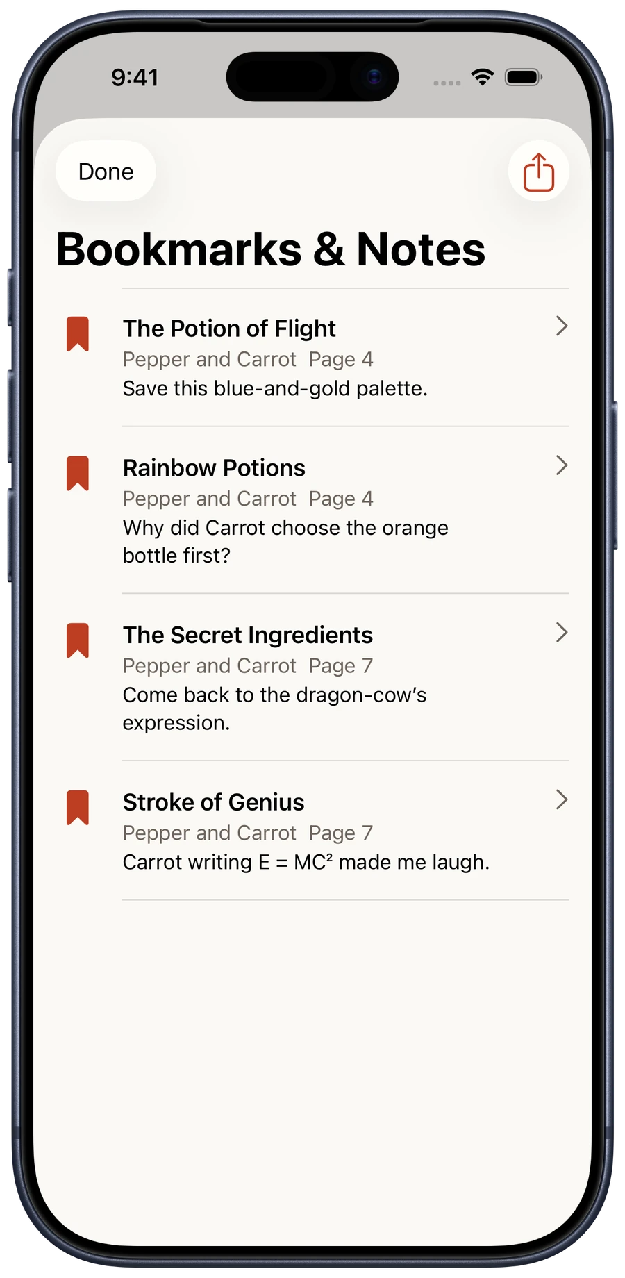 Bookmarks and Notes with four distinct Pepper and Carrot notes saved at pages 4, 4, 7, and 7