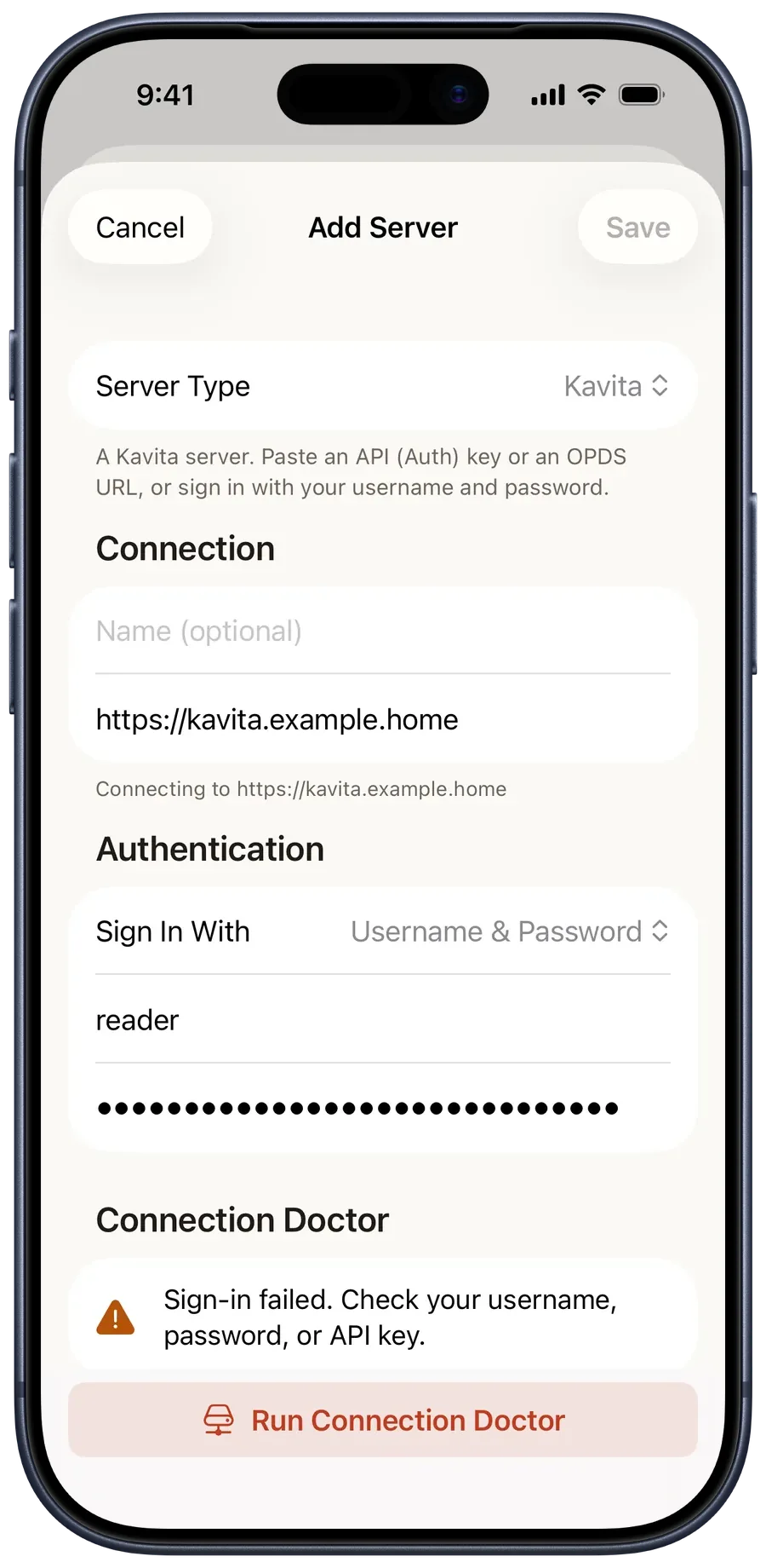 Connection Doctor reporting that sign-in failed and naming the credential to check