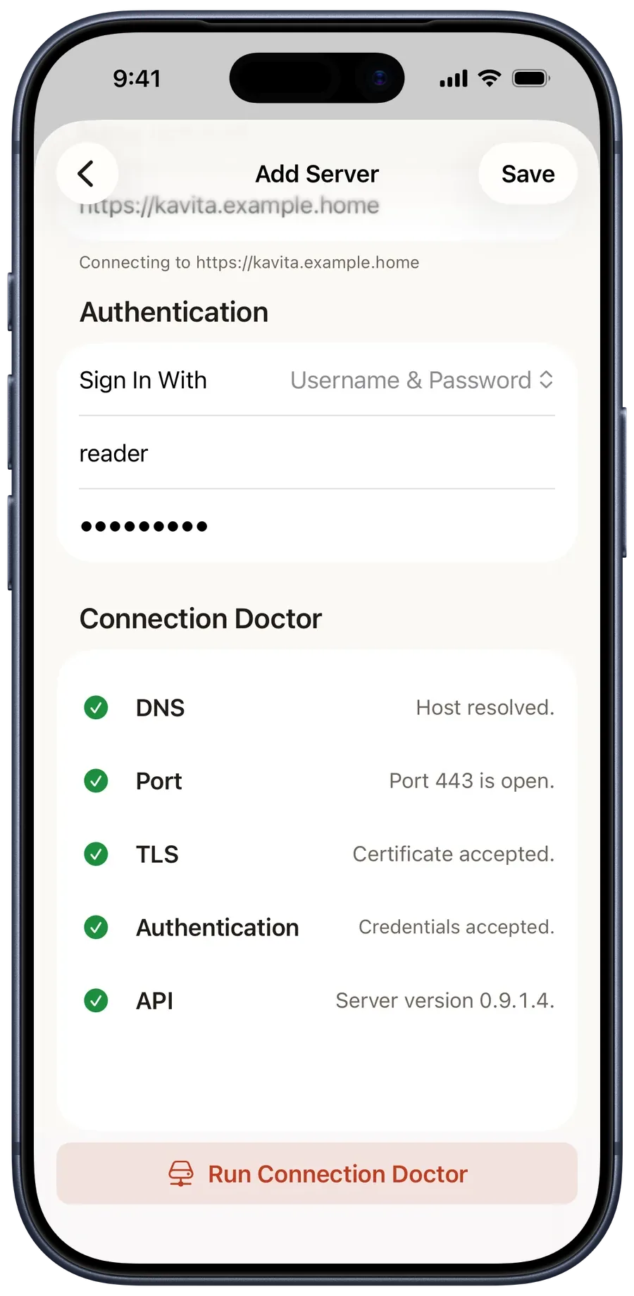 Connection Doctor with the DNS, Port, TLS, Authentication, and API stages all passed