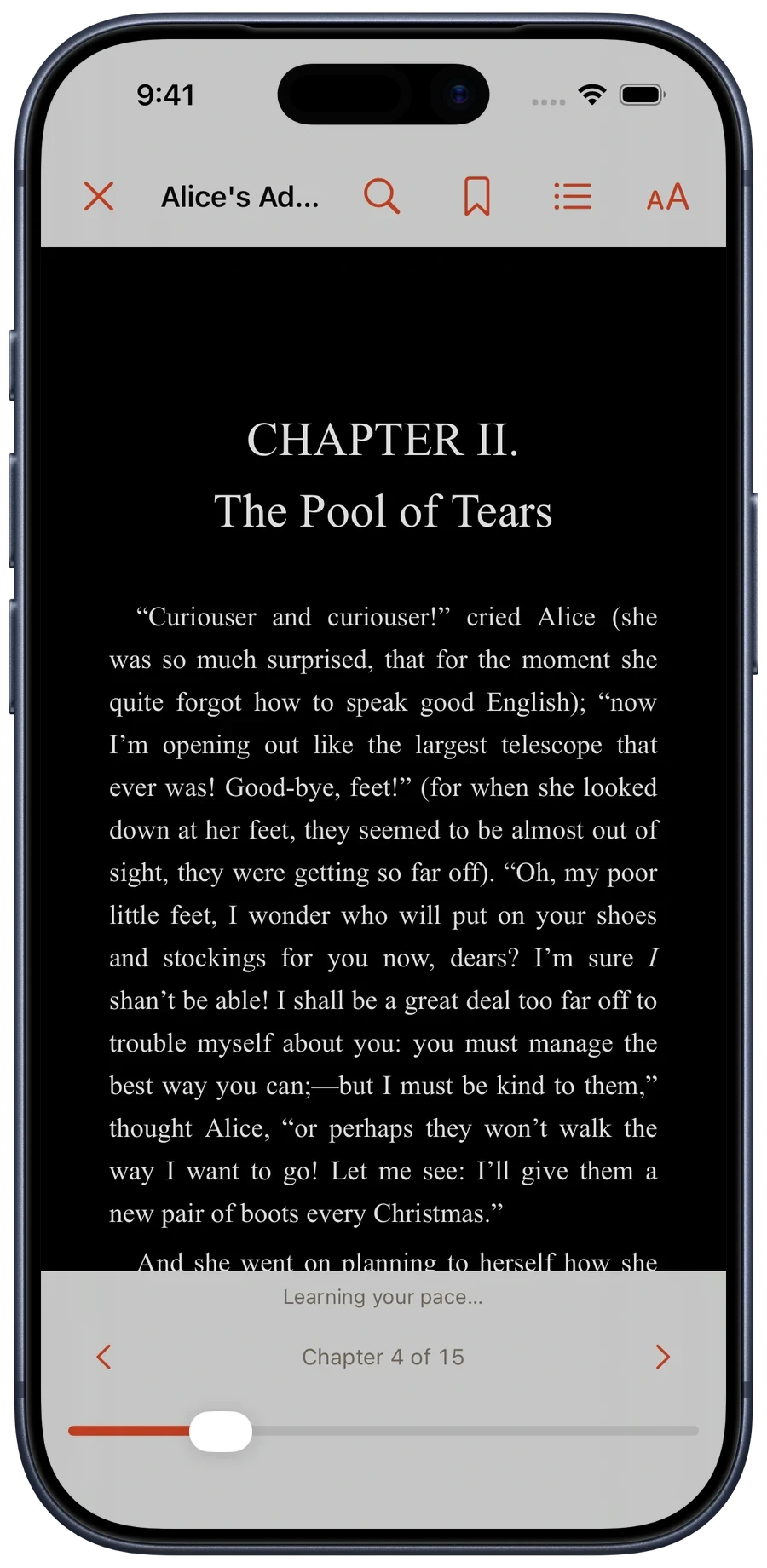 Alice’s Adventures in Wonderland open in Glimshelf with the reader toolbar, chapter progress, and navigation visible