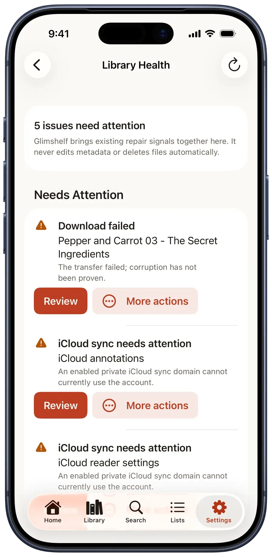 Library Health listing a failed Pepper & Carrot download with a Review action, followed by iCloud sync issues that also offer review actions