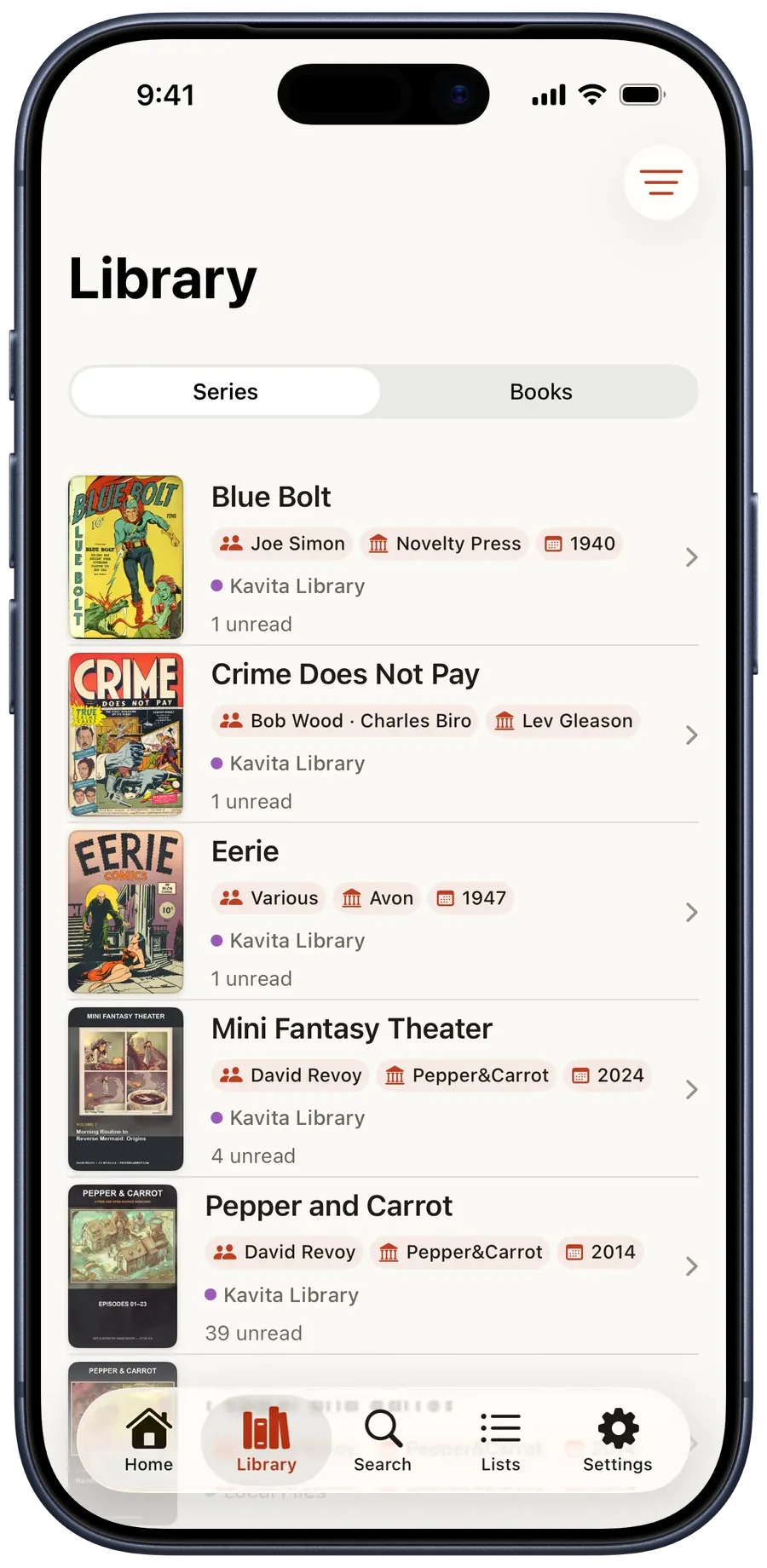 Library with Series selected, showing covers, creators, publishers, source badges, and unread counts