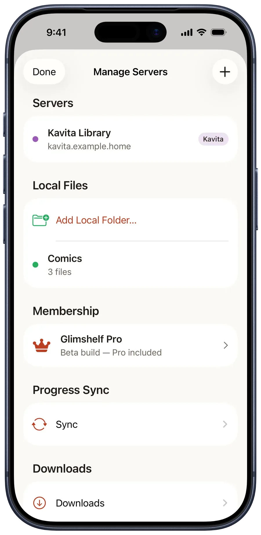Manage Servers listing a connected Kavita server, the Local Files section with an added folder, membership, sync, and downloads