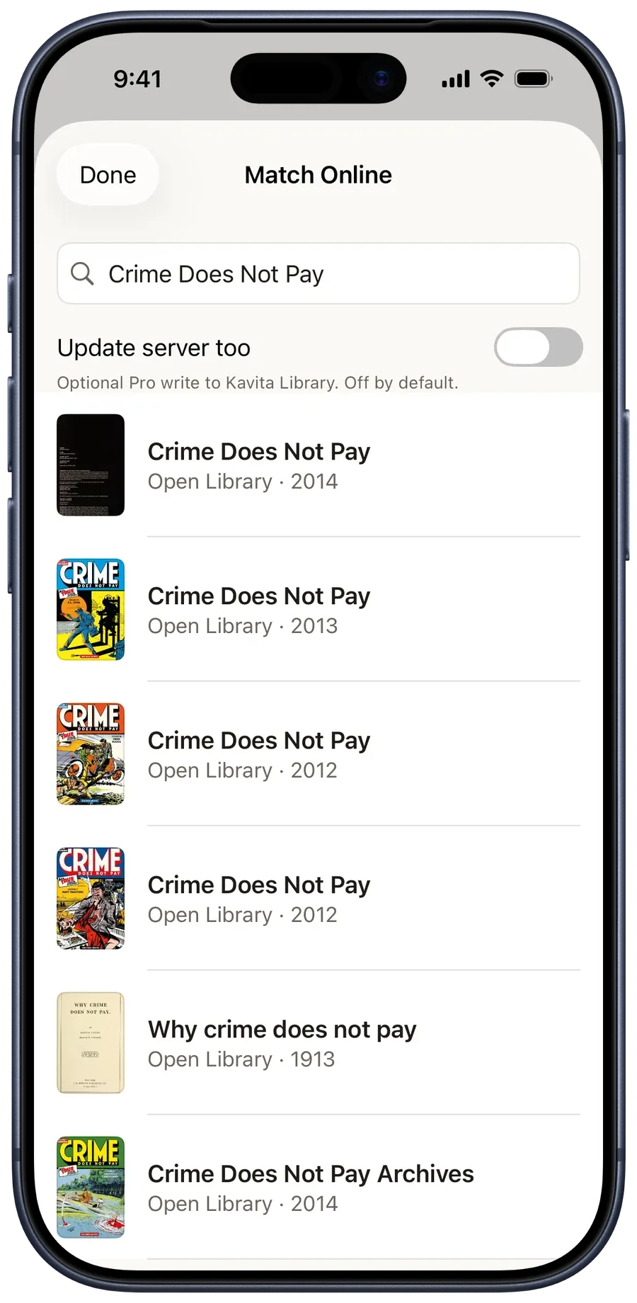 Match Online listing ranked Open Library candidates for Crime Does Not Pay, none applied yet