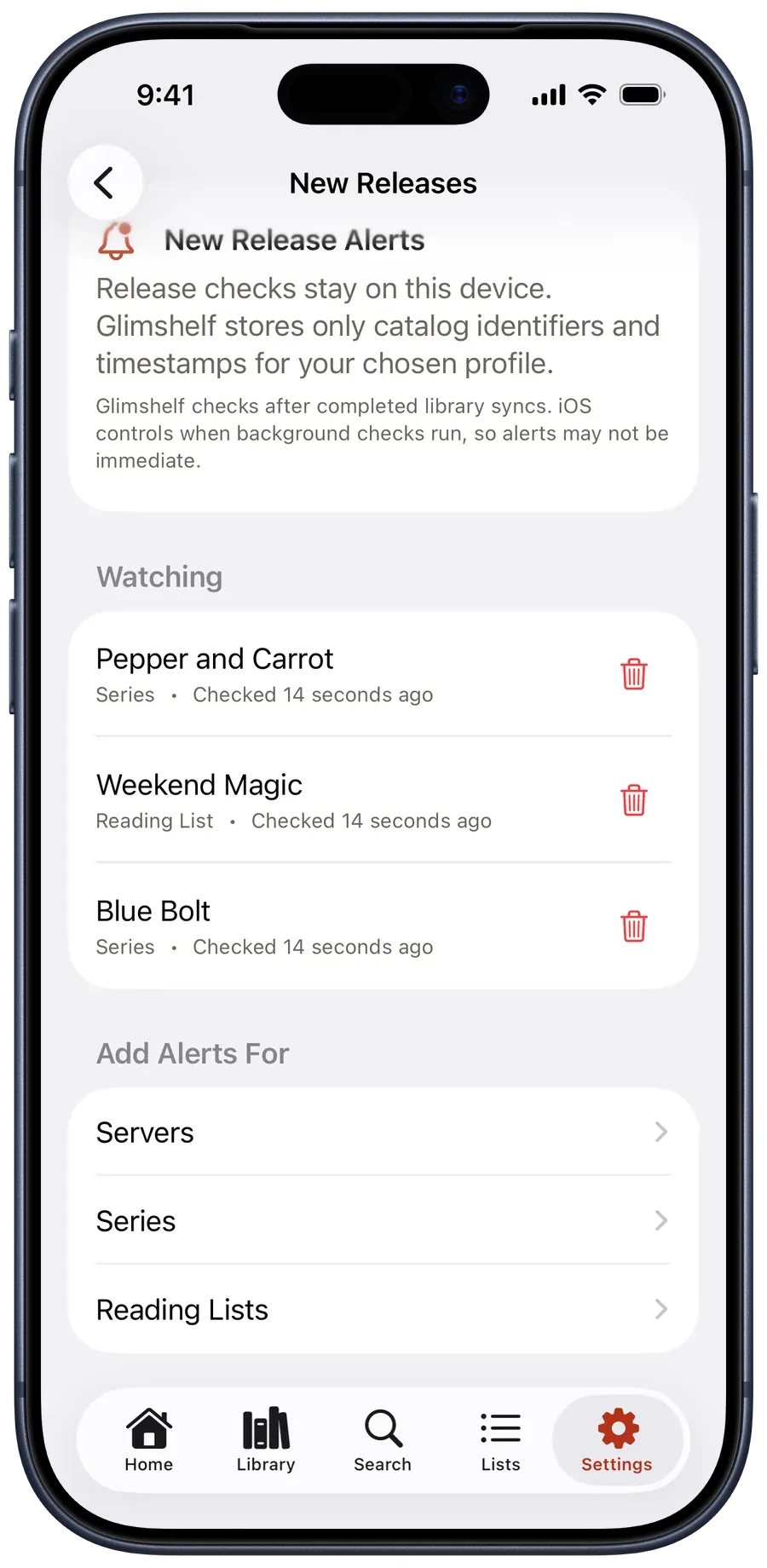 New Release Alerts watching two series and one reading list, with options to add servers, series, or reading lists