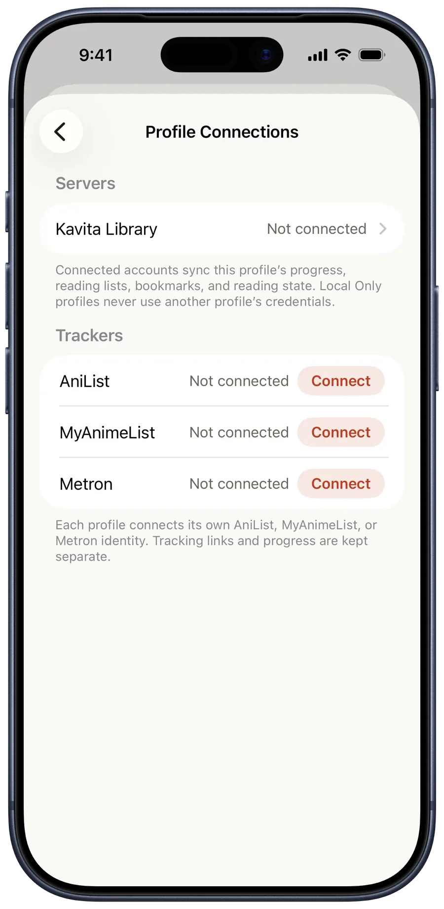Profile Connections showing Kavita, AniList, MyAnimeList, and Metron available but not connected