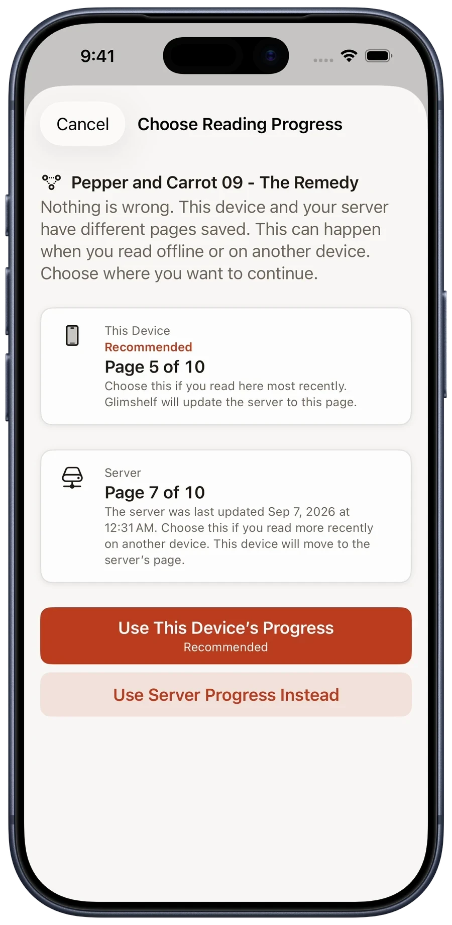 Choose Reading Progress comparing page 5 on this device with page 7 on the server for Pepper and Carrot issue 9