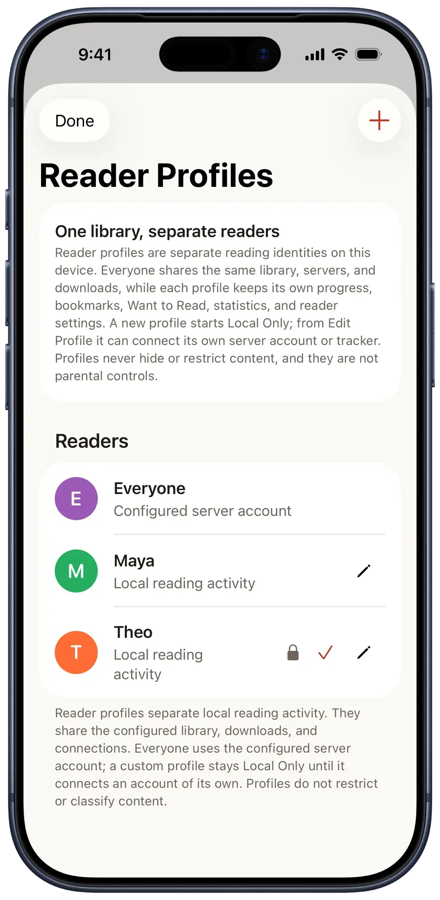 Reader Profiles listing the account-bound Everyone profile, a Local Only profile, and one with protection enabled