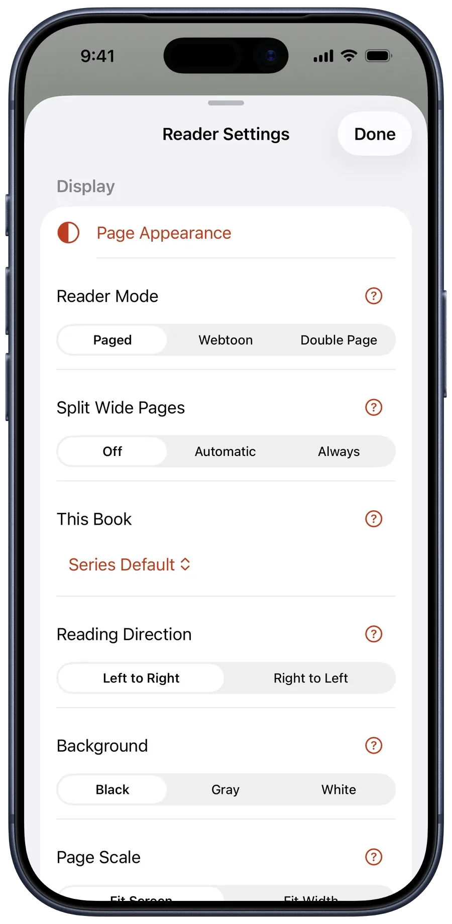 Reader Settings sheet with Reader Mode, Split Wide Pages, Reading Direction, Background, and Page Scale