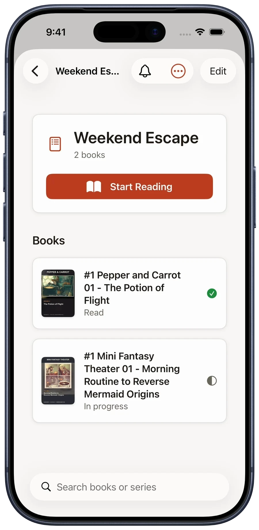Weekend Escape reading list showing Pepper and Carrot followed by Mini Fantasy Theater in a deliberate cross-series order