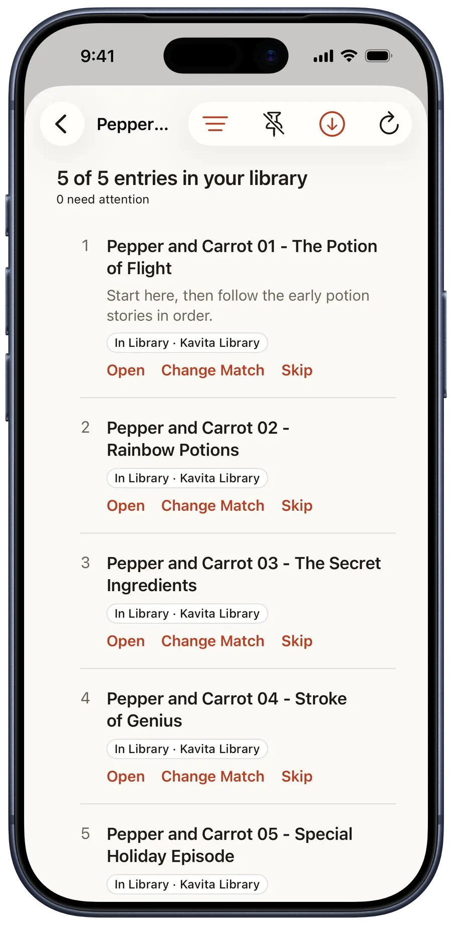 A Pepper & Carrot First Adventures reading order with all five entries resolved to the Kavita library