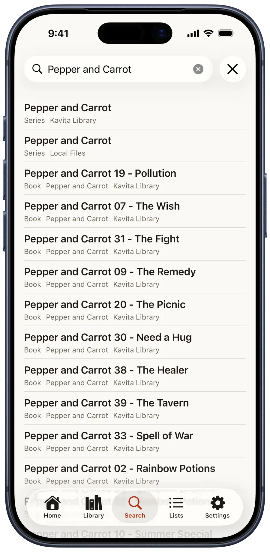 Search results for Pepper and Carrot with series rows from two sources above the individual episode rows