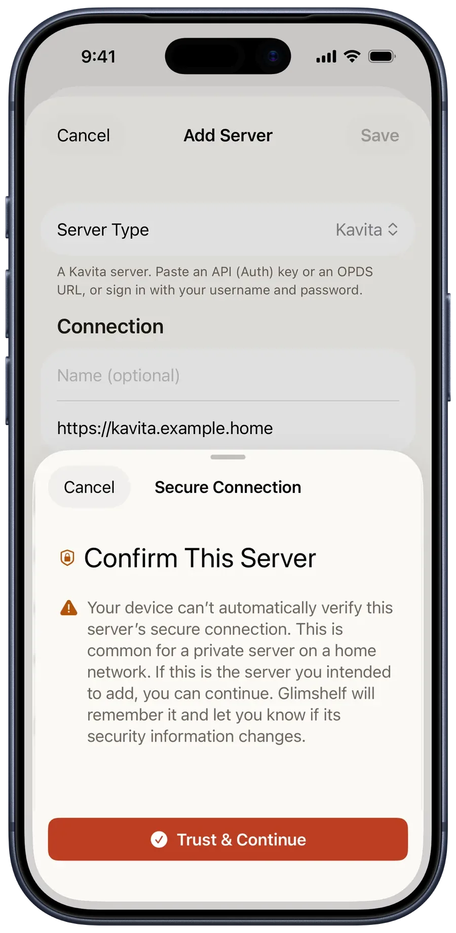 The Secure Connection sheet explaining an unverifiable certificate before you choose Trust & Continue