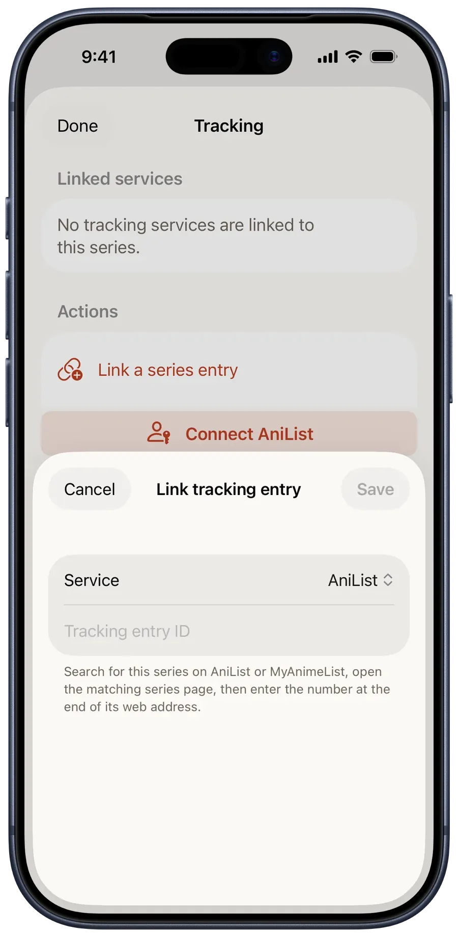 Tracking setup with no linked services and an empty form for choosing a service and entering its title ID