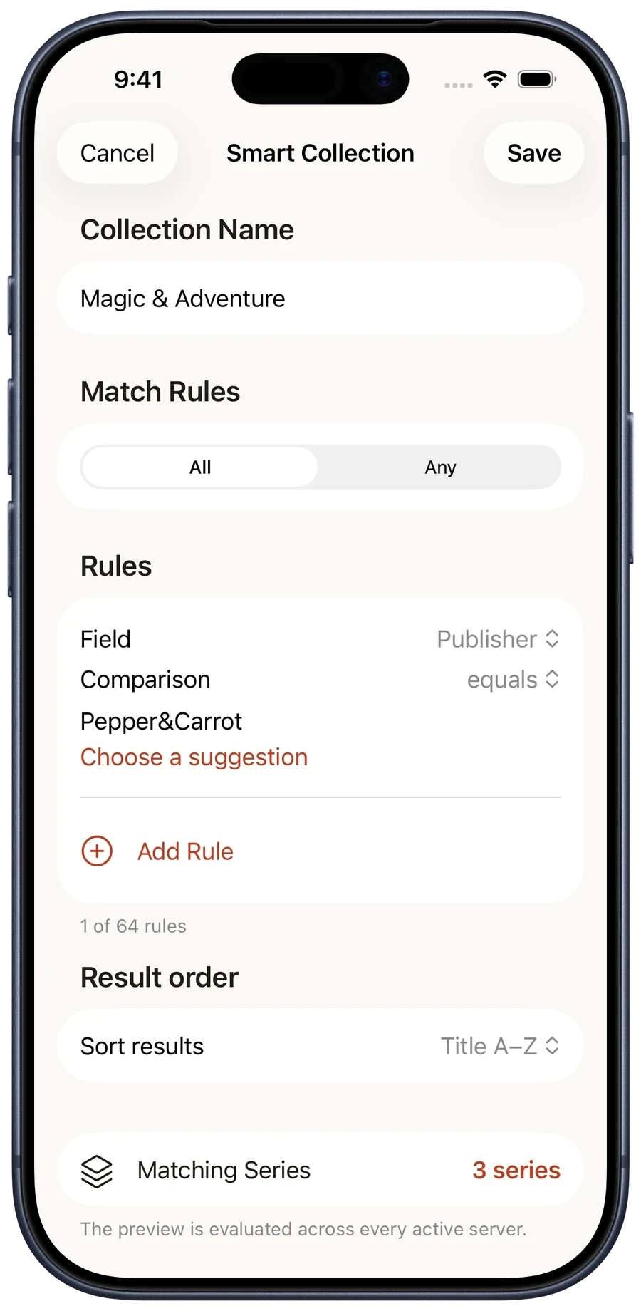 Magic and Adventure Smart Collection rule matching publisher Pepper and Carrot, with three matching series in the live preview