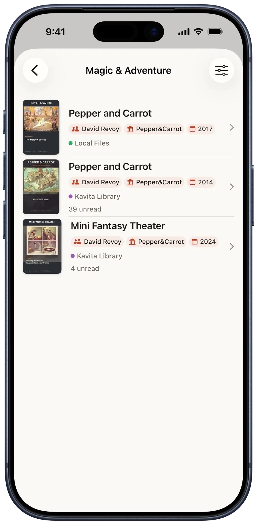 A Magic & Adventure Smart Collection matching three series across the Kavita server and Local Files