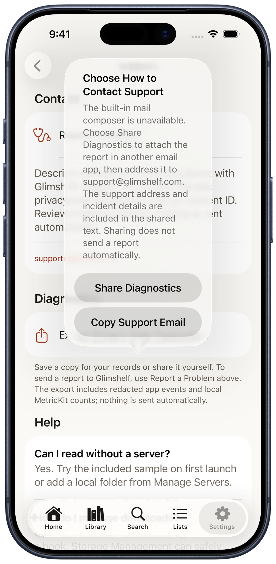 The Choose How to Contact Support prompt offering Share Diagnostics or Copy Support Email when Mail is not configured