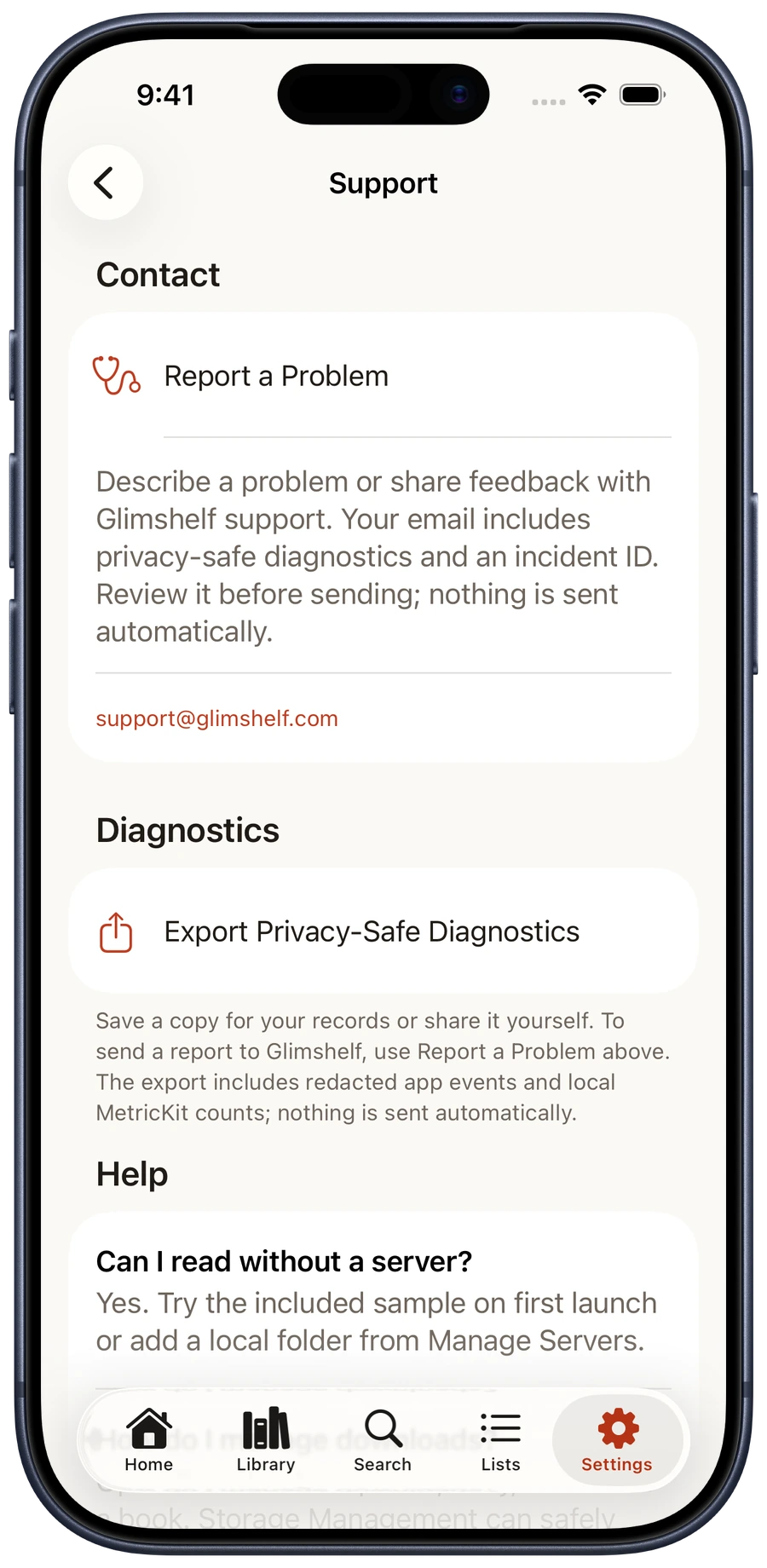 Support showing Report a Problem, support at glimshelf dot com, and Export Privacy-Safe Diagnostics