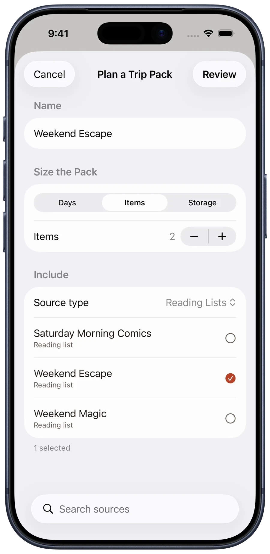 Plan a Trip Pack named Weekend Escape with an Items goal of two and the Weekend Escape reading list selected