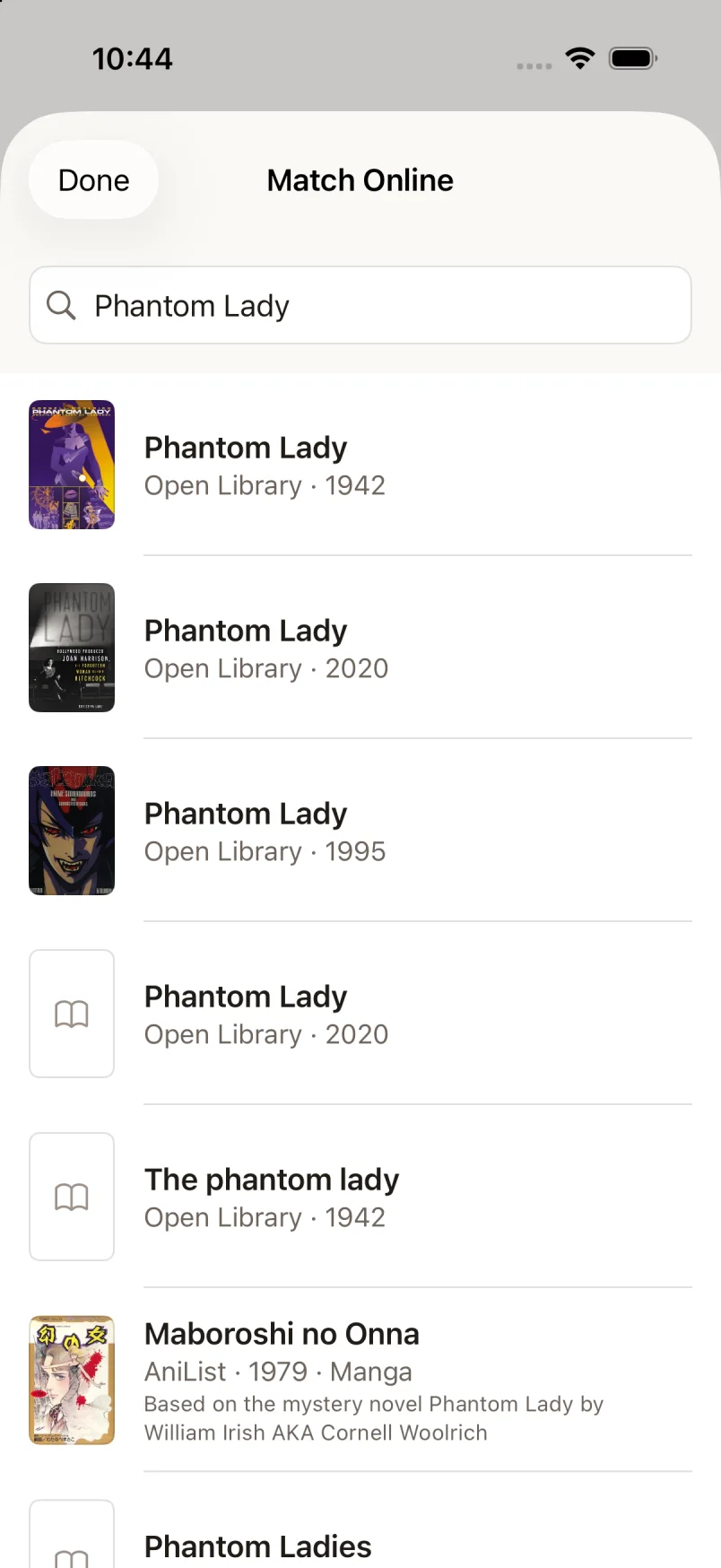 Glimshelf Match Online results ranking exact Phantom Lady title records ahead of an alternate-title match