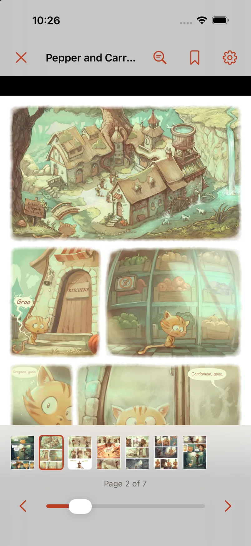 Pepper & Carrot in the Glimshelf reader with controls and page thumbnails visible