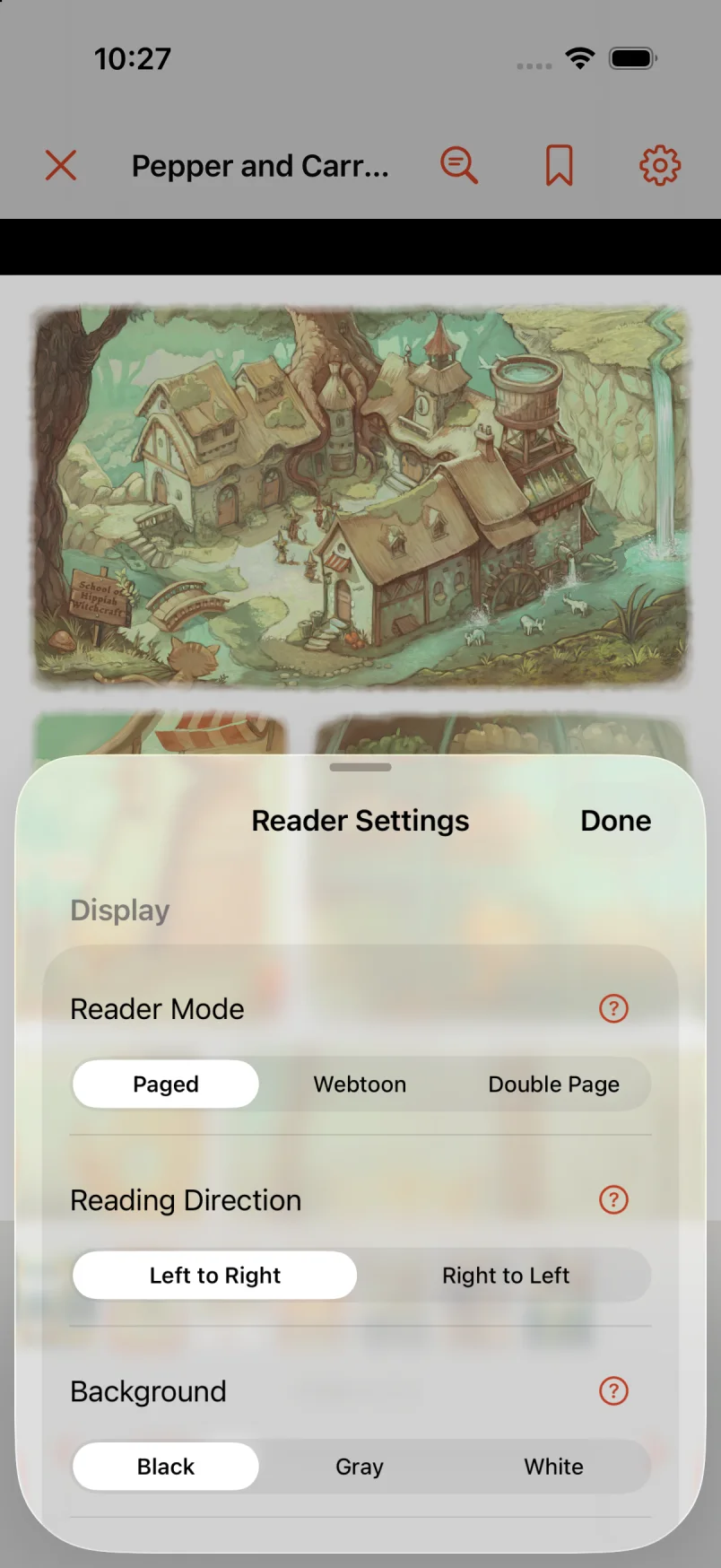 Glimshelf Reader Settings showing Paged, Webtoon, and Double Page modes