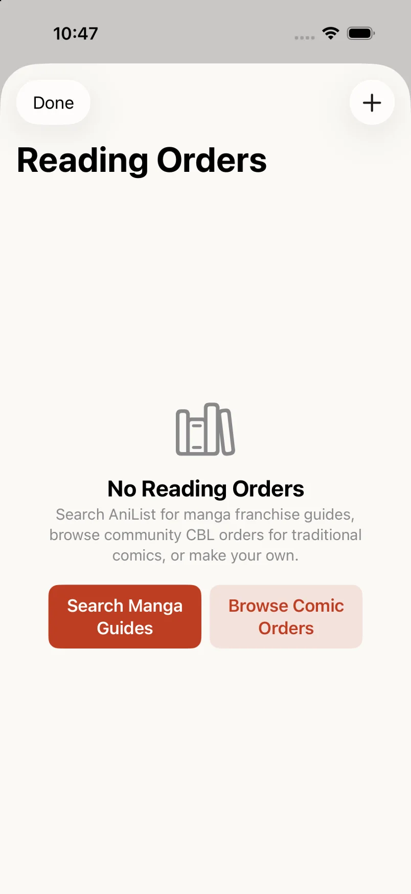 Glimshelf Reading Orders screen with manga and comic guide options