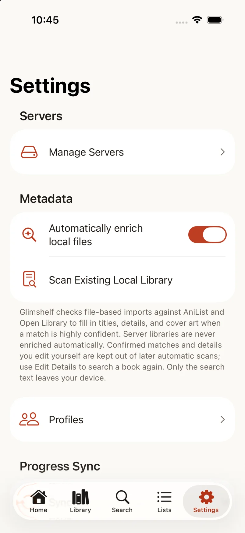 Glimshelf Settings showing server, local-library, profile, and sync controls